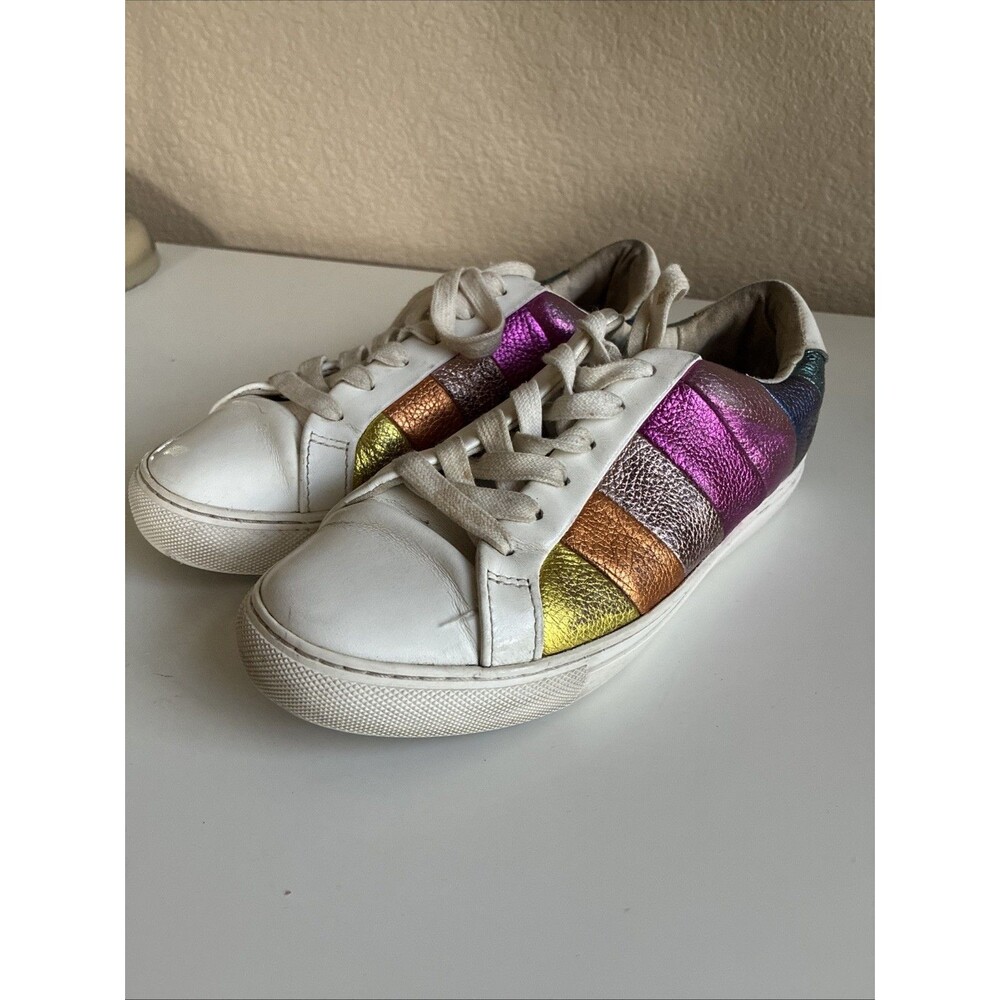 Kurt Geiger London Laney Stripe Crystal Metallic Rainbow Sneakers Sz 38 Pride